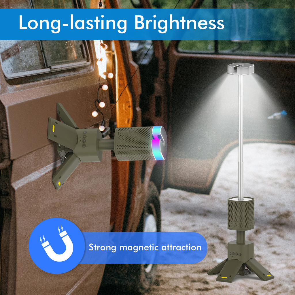 Foldable Tripod Camping Light with Bluetooth Speaker, RGB Rechargeable Lantern for Outdoor Camping & Parties