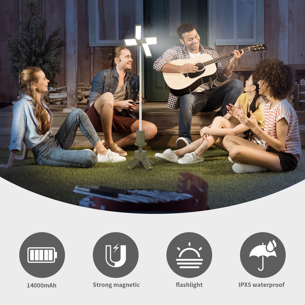Foldable Tripod Camping Light with Bluetooth Speaker, RGB Rechargeable Lantern for Outdoor Camping & Parties