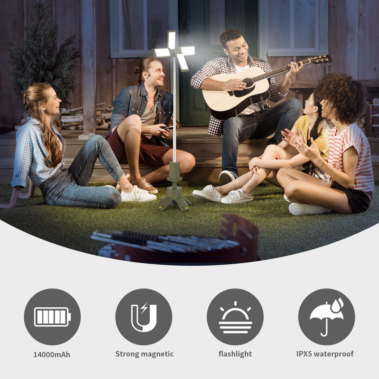 Foldable Tripod Camping Light with Bluetooth Speaker, RGB Rechargeable Lantern for Outdoor Camping & Parties