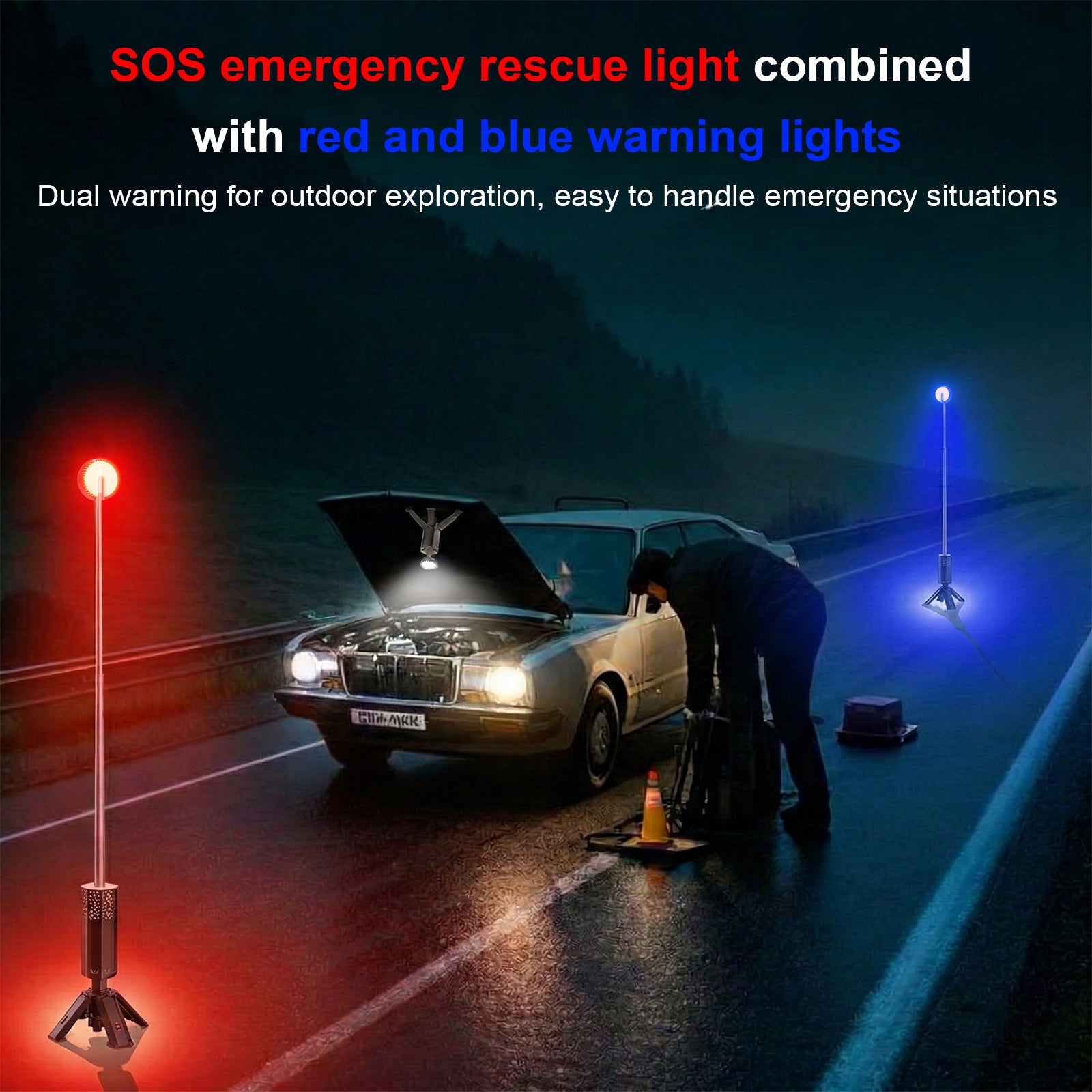 SOS Emergency Rescue Light, Red Blue LED Warning Strobe Light with Tripod for Roadside Breakdown, Outdoor Exploration, Vehicle Safety Hazard Flashing Light